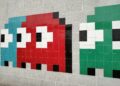 blue, red, and green Pac-Man wall painting