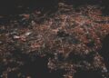 lighted city at night aerial photo